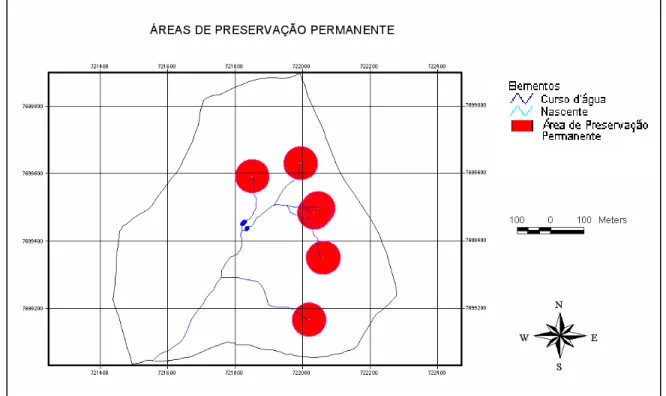 Figura 17: ÁPPs num raio de 50 metros circundando as  nascentes da  microbacia do Córrego dos Araújos