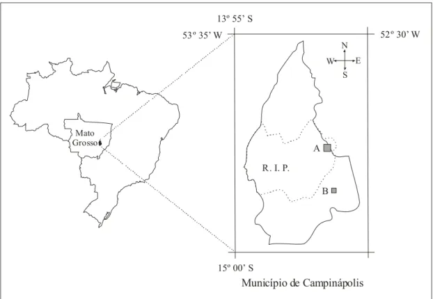 Figura 1. - Localização das áreas de estudo, campo sujo (A) e pastagem (B), no  município de Campinápolis - MT