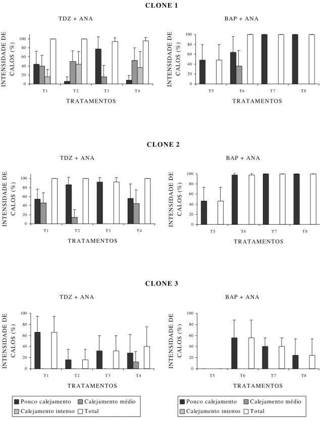 Figura 2  – Intensidade de calogênese a partir de explante foliar em função dos  tratamentos com reguladores de crescimento (TDZ, BAP e ANA),  avaliada em três clones de Eucalyptus grandis x Eucalyptus urophylla