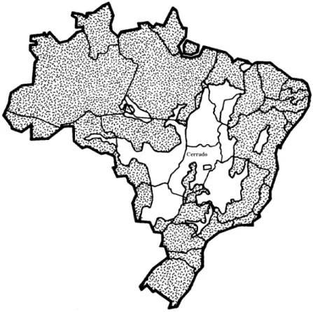 Figura 1 – Área em branco mostrando a localização geográfica do bioma Cerrado  (Fonte: IBGE, 1988 em FUNATURA, 1992)