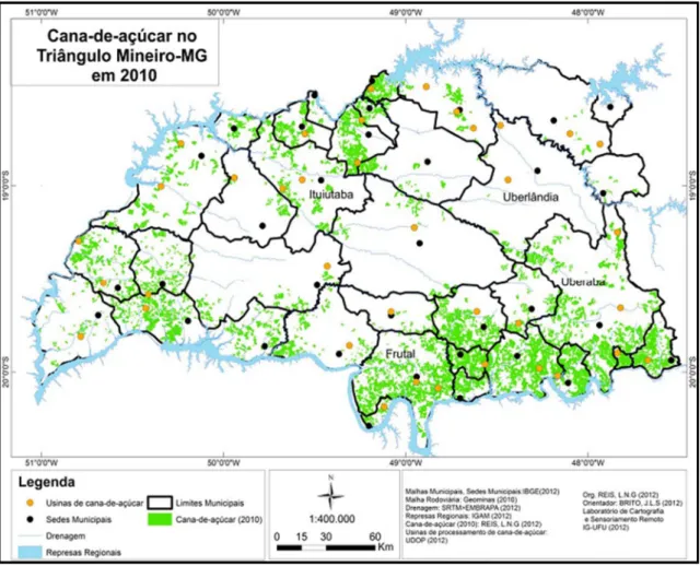 Figura  6  –  Mapeamento  das  áreas  de  cultivo  da  cana-de-açúcar  no  Triângulo  Mineiro,  MG, utilizando imagens digitais Rapideye