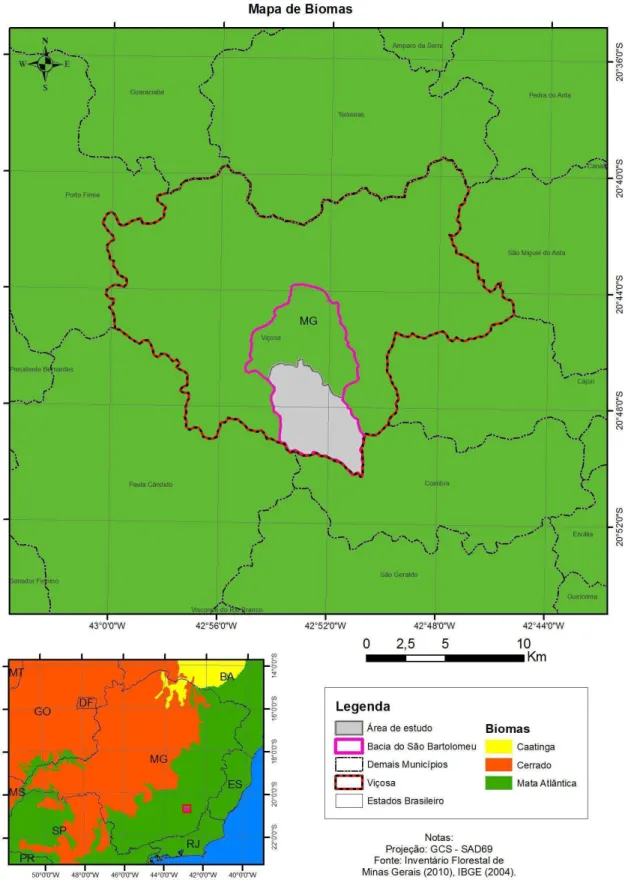 Figura 3  – Mapa de localização da área de estudo em relação aos biomas brasileiros.  Fonte: Inventário Florestal de Minas Gerais (2010); IBGE (2004)