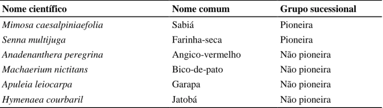 Tabela  1.  Espécies  leguminosas  pertencentes  a  diferentes  grupos  sucessionais, 