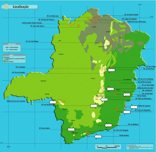 Figura 2 – Localização dos parques em Minas Gerais, com indicação, por  meio de setas (        ), dos parques nacionais e estaduais  