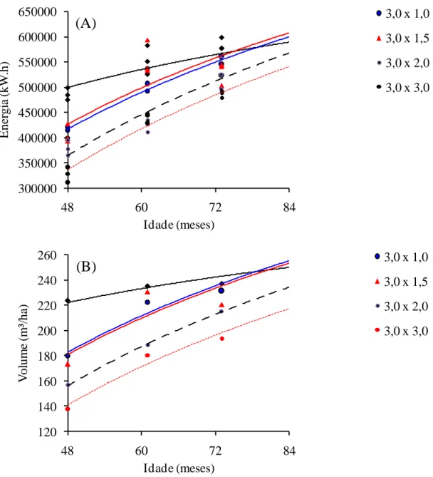 Figura 3 -  3A -Volume médio por hectare em relação à idade. 3B  – Energia por hectare  em relação à idade 