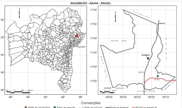 Figura  1  –  Mapa  do  estado  da  Bahia  e  do  município  de  Inhambupe  com  a  localização da área de estudo e coleta de dados