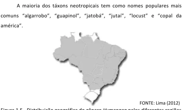Figura 1.5 - Distribuição geográfica do gênero Hymenaea pelos diferentes regiões  do Brasil (Norte, Nordeste, Centro-oeste, Sudeste e Sul)
