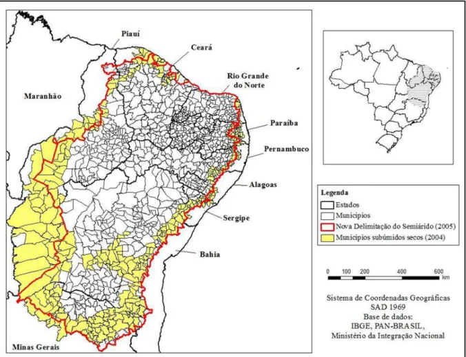 Figura 1 - Delimitação dos municípios semiáridos e subúmidos secos no Brasil.   3.5. As geotecnologias aplicadas no estudo da desertificação 