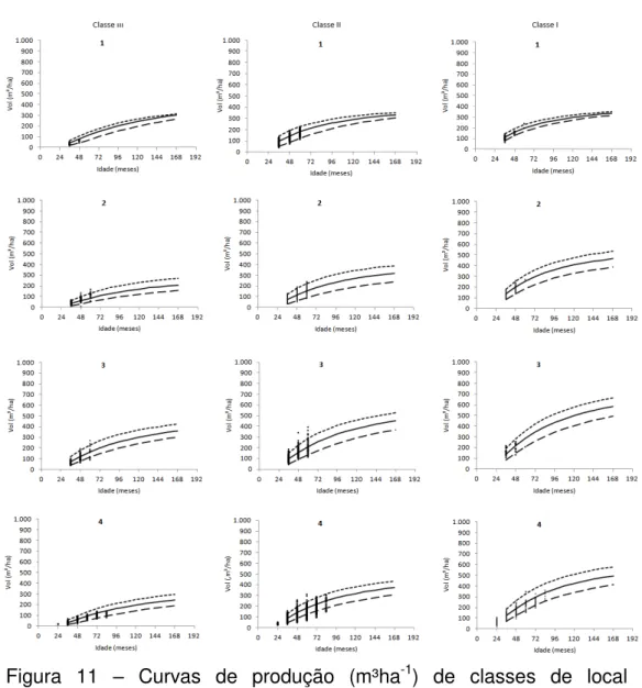 Figura  11  –  Curvas  de  produção  (m³ha -1 )  de  classes  de  local  I  (capacidade  produtiva  alta),  II  (capacidade  produtiva  média),  III  (capacidade  produtiva  baixa)  para  eucalipto  em  quatro  regiões  no  estado  de  Minas  Gerais,  para