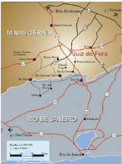 Figura 6 – Cidades dos Estados de Minas Gerais e Rio de Janeiro próximas a Juiz  de Fora