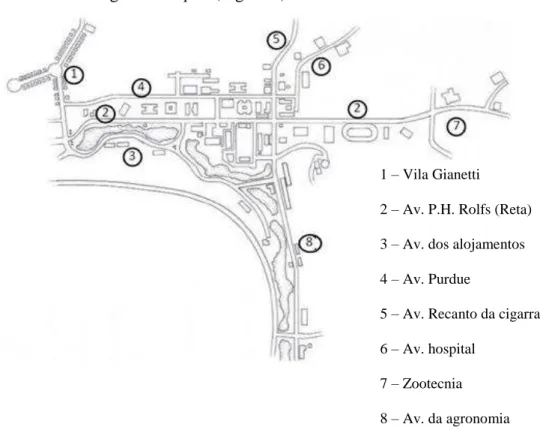 Figura 1  – Mapa das vias de acesso e locais avaliados no campus-sede da Universidade  Federal de Viçosa