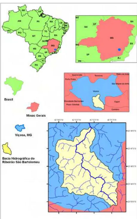 Figura 1 – Localização da área de estudo: bacia hidrográfica do ribeirão São  Bartolomeu, município de Viçosa, Minas Gerais, Brasil