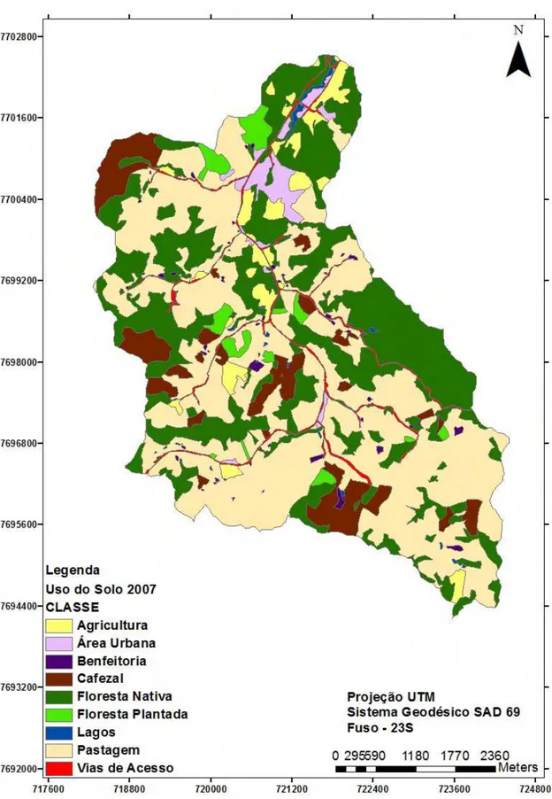 Figura 10 - Mapa de Uso e Cobertura da terra na bacia hidrográfica do ribeirão São  Bartolomeu, município de Viçosa, Minas Gerais, para o ano de 2007