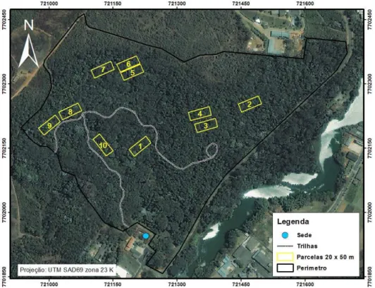 Figura  1  –  Localização  das  parcelas  permanentes  na  Mata  da  Silvicultura,  Viçosa, Minas Gerais