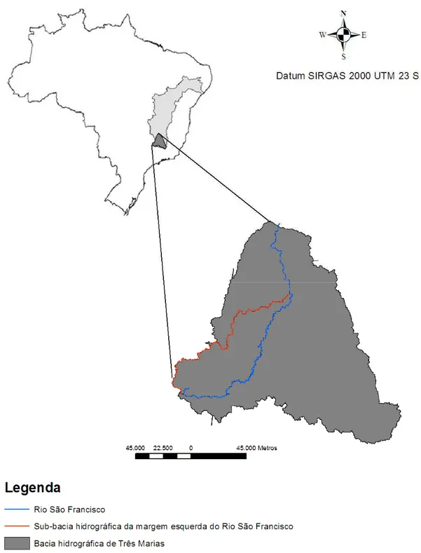 Figura 1. Localização da área de estudo, sub-bacia hidrográfica da margem esquerda do Rio São  Francisco, pertencente à bacia hidrográfica de Três Marias, MG, parte da grande bacia  hidrográfica do Rio São Francisco