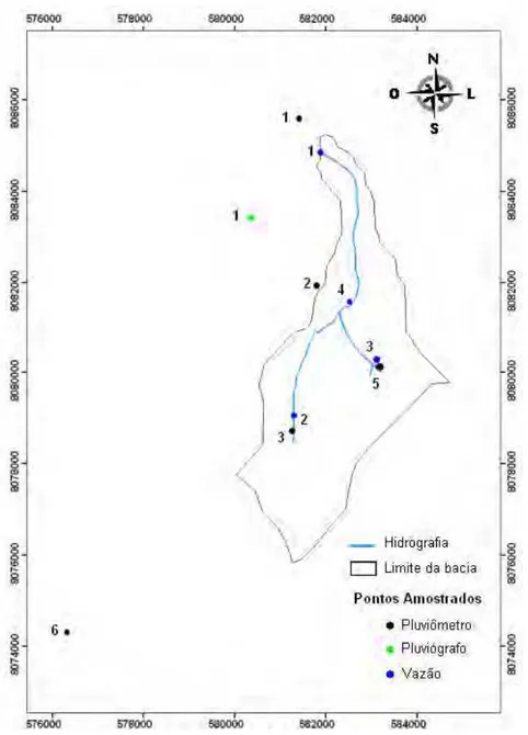 Figura 7 – Distribuição  espacial  dos  pontos  amostrados  na  bacia  hidrográfica  do córrego Águida, Francisco Dumont, MG, 2010