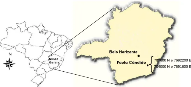 Figura 1 -  Localização geográfica do Município de Paula Cândido, Zona da  Mata de Minas Gerais e da área onde foi desenvolvido o presente  estudo