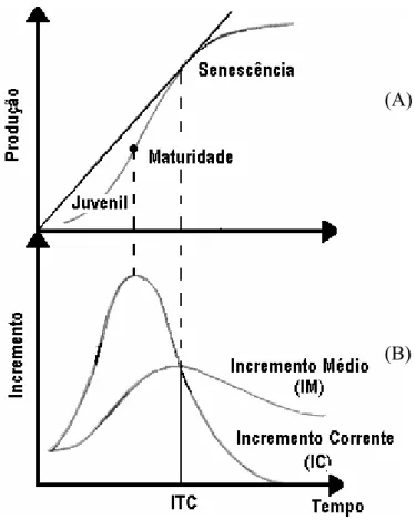 Figura 1- Curva de crescimento acumulado ou produção, comportamento sigmoidal (A).  Curvas de incremento corrente (IC) e incremento médio (IM) (B)