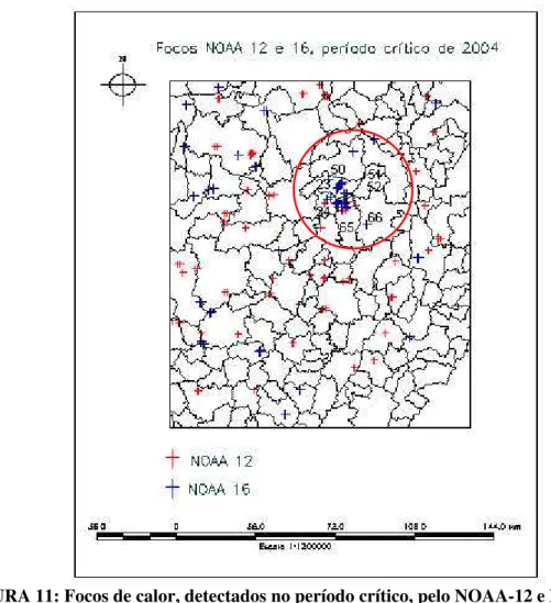 FIGURA 11: Focos de calor, detectados no período crítico, pelo NOAA-12 e NOAA-16, em  2004.