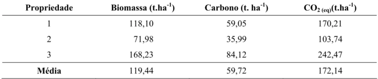 Tabela 7 – Estimativas de biomassa, estoque de carbono e CO 2  equivalente por 