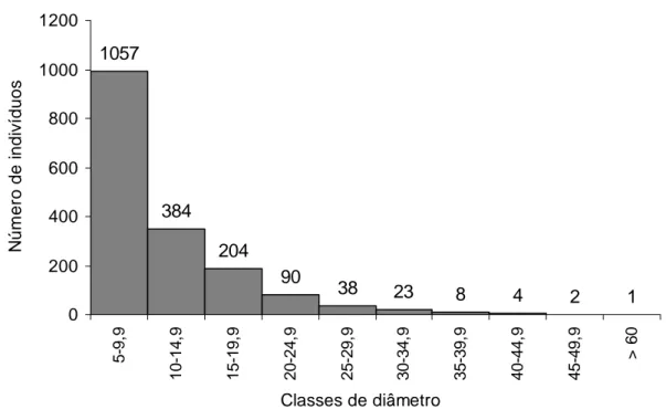 Figura 7 – Classes de diâmetro (DAP  ≥ 5cm) dos 1688 indivíduos amostrados no  ambiente florestal estudado do rio Pacas em Querência – MT