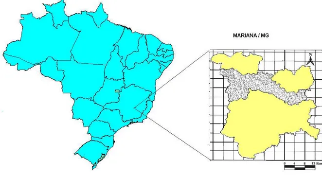 Figura 1 – Localização geográfica do município de Mariana e da Bacia do Rio  Gualaxo do Norte em destaque (SOUZA et al., 2005), Minas Gerais