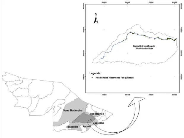 Figura 1 – Bacia hidrográfica do Riozinho do Rôla, seu curso d’água principal e a  localização das famílias ribeirinhas pesquisadas