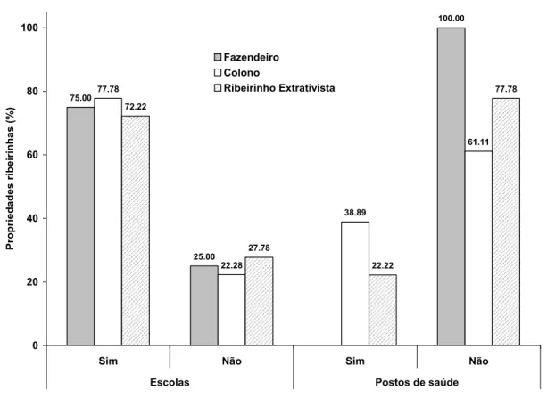 Figura 4  –   Distribuição percentual da presença de escolas e posto de saúde em função  das diferentes categorias sociais encontradas no Riozinho do Rôla, Rio  Branco, Acre, 2008