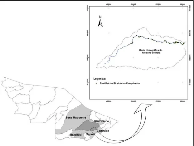 Figura 1 – Bacia hidrográfica do Riozinho do Rôla, seu curso d’água principal e a  localização das famílias ribeirinhas pesquisadas