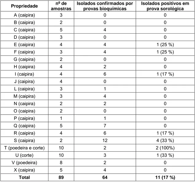 Tabela 4:   Relação entre as amostras de fezes coletadas e os isolados de  Salmonella spp