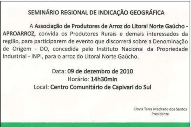 Figura  20-  Modelo  de  convite  para  o  seminário  regional  de  indicação  geográfica  promovido pela APROARROZ