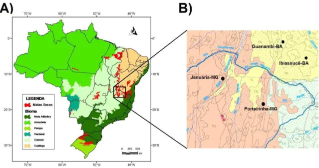 Figura  1.  A)  Mapa  dos  biomas  brasileiros  com  destaque  para  distribuição  das  florestas  secas  em  vermelho (adaptado de Espírito-Santo et al