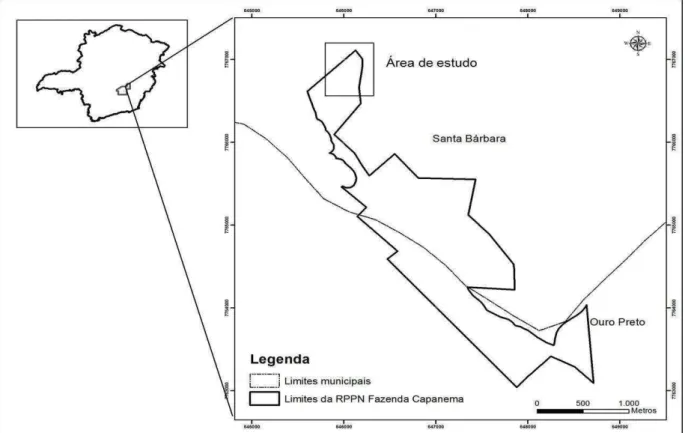 Figura 1  – Localização da área de estudo na região do Quadrilátero Ferrífero, Minas Gerais,  Brasil