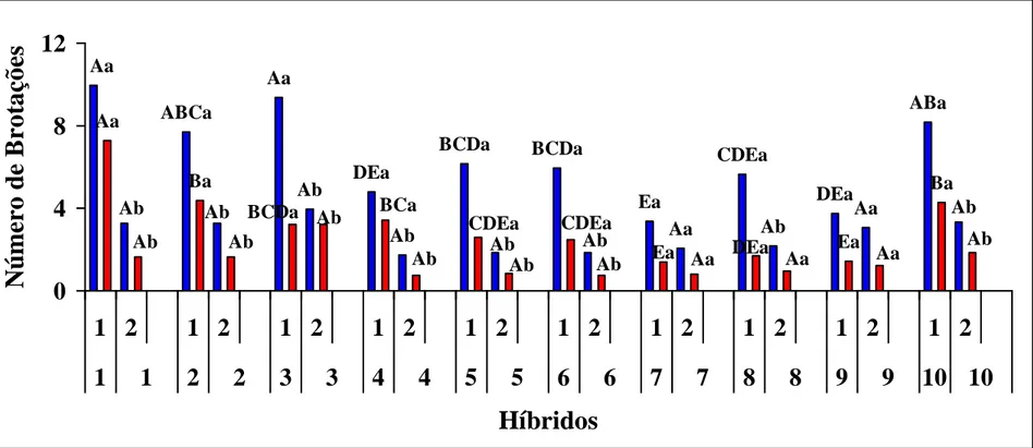 Figura 8:  Número de brotações  inicial  (azul) e final (vermelho) nos  10 híbridos  de urucum  (Bixa orellana) avaliados