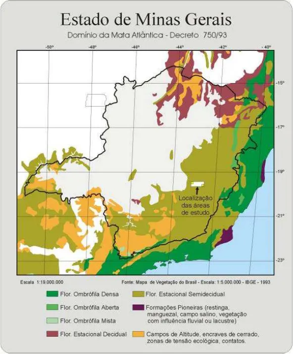 Figura 2 – Localização das áreas de estudo e das tipologias da Mata Atlântica no  Estado de Minas Gerais