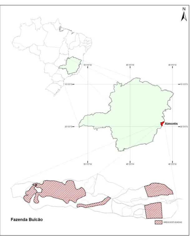 Figura  1.1  -  Localização  do  município  de  Aimóres  no  estado  de  Minas  Gerais  e  da  Sede  da  Fazenda  Bulcão