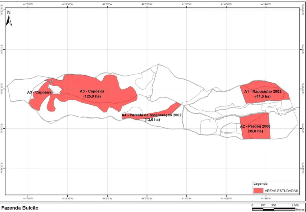 Figura 1.3  – Mapa das quatro áreas estudadas na RPPN – Fazenda Bulcão, Aimóres, MG, destacadas em vermelho: Raposinho 2002; Peroba 2000; Capoeira sem   manejo e Regeneração 2002.