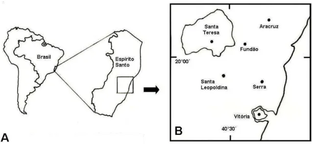 Fig. 1. Localização do estado do Espírito Santo (A) e do município de Santa Teresa (B) baseado  em Mendes &amp; Padovan (2000)