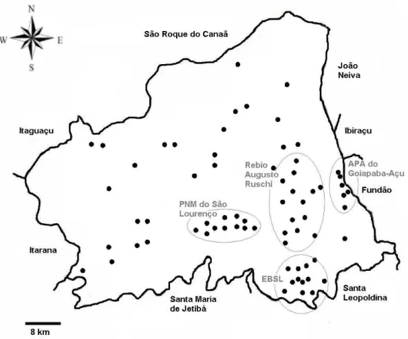 Fig. 2. Pontos de coleta e áreas de preservação do município de Santa Teresa, baseado em  Tabacow (1992)