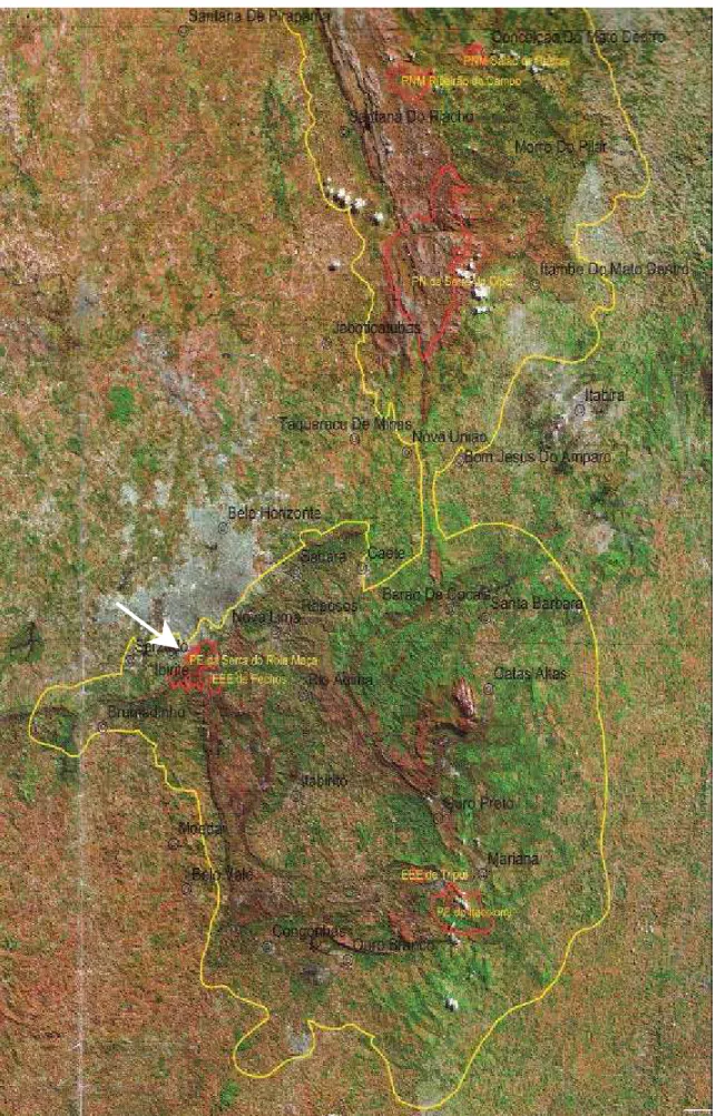 Fig. 2: Parte da Cadeia do Espinhaço em Minas Gerais (delimitada com linha amarela), 