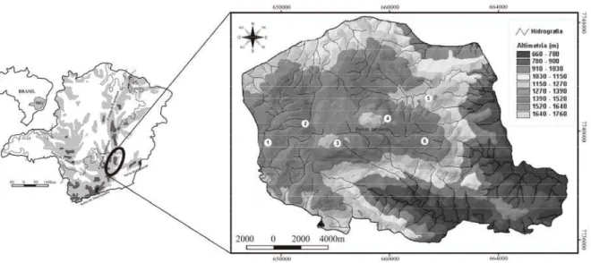 Figura 1. Localização do Parque Estadual do Itacolomi e regiões estudadas. 1.  Tesoureiro; 2