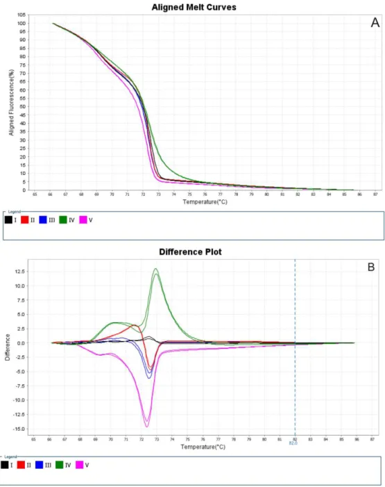 Figura  2.  Gráfico  de  curvas  de  dissociações  alinhadas  (A)  e  de  diferença  (B)  gerado  pelo  High  Resolution  Melt  Software   demonstrando  os  cinco  haplótipos  reconhecidos  nas  populações  de  A