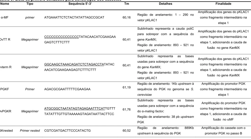 Tabela 3: Lista de primers utilizados para construção dos cassetes 
