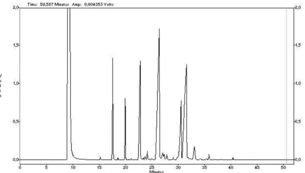Figura 2 – Cromatograma de uma amostra evaporada sob gás nitrogênio e ressuspendida  com 50 μL de hexano