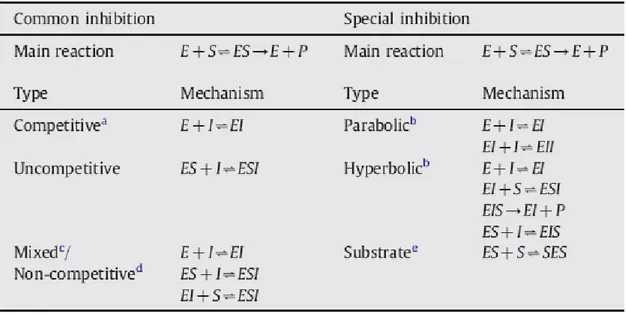Tabela 1: Tipos de inibição enzimática. S (substrato), P (produto), E (enzima) e I (inibidor)