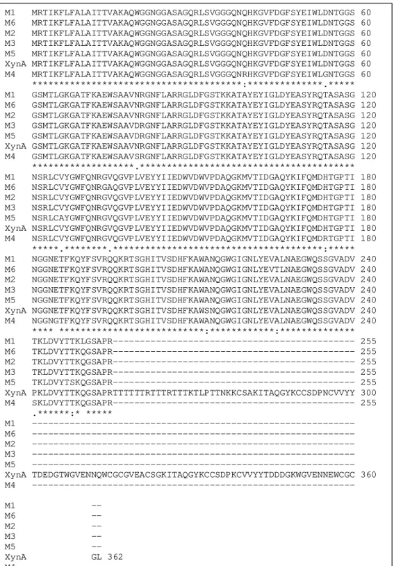 Figure 2: Protein sequence alignment of mutants (M1-M6) with each other and  with the wild-type (XynA) from the data base (accession number AAD04194)