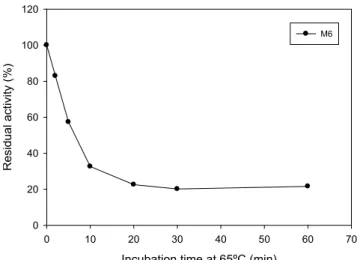Figure 6: Thermal stability. Effect of temperature on the stability of M6. Enzyme  samples were heated at the 65 ºC for different period of time, collected, placed  on ice, and residual xylanase activity determined using the standard assay  procedure at 40