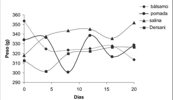 Figura 3 – Valores médios do peso dos animais nos diferentes tratamentos  em função do tempo