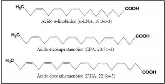Figura 4 : Estrutura química dos principais ácidos graxos da família ω-3 (MOREIRA, 2006)