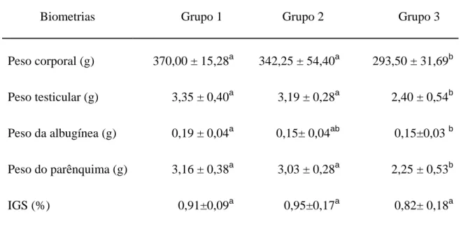 Tabela 2 – Pesos do epidídimo, do ducto deferente, da glândula vesicular, da próstata,  do fígado e dos rins de ratos Wistar em idade reprodutiva após tratamento com cloreto  de níquel (média ± desvio-padrão)